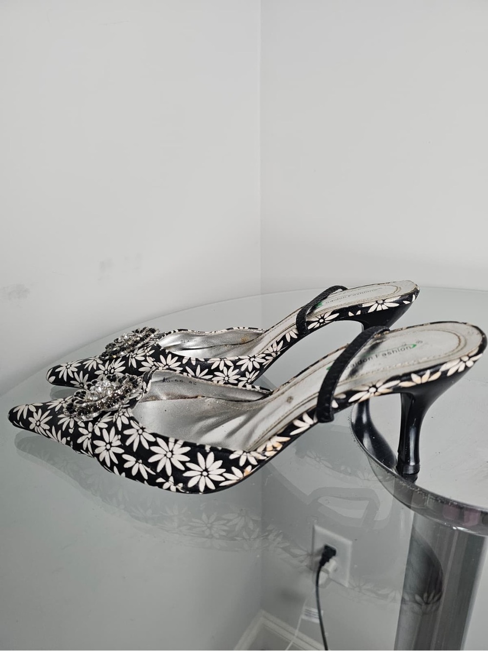 Black & White Floral Pointed-Toe Heels with Crystal Accent